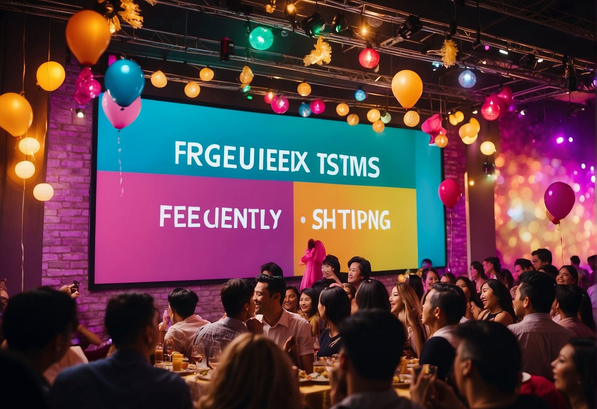 A colorful banner with "Frequently Asked Questions" hangs above a lively party scene in Singapore, with bright lights, music, and excited attendees