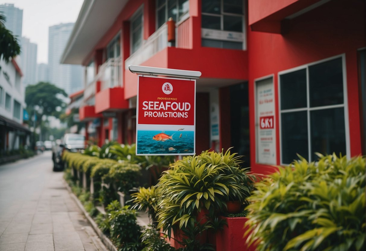 A red house with a sign advertising seafood promotions in Singapore