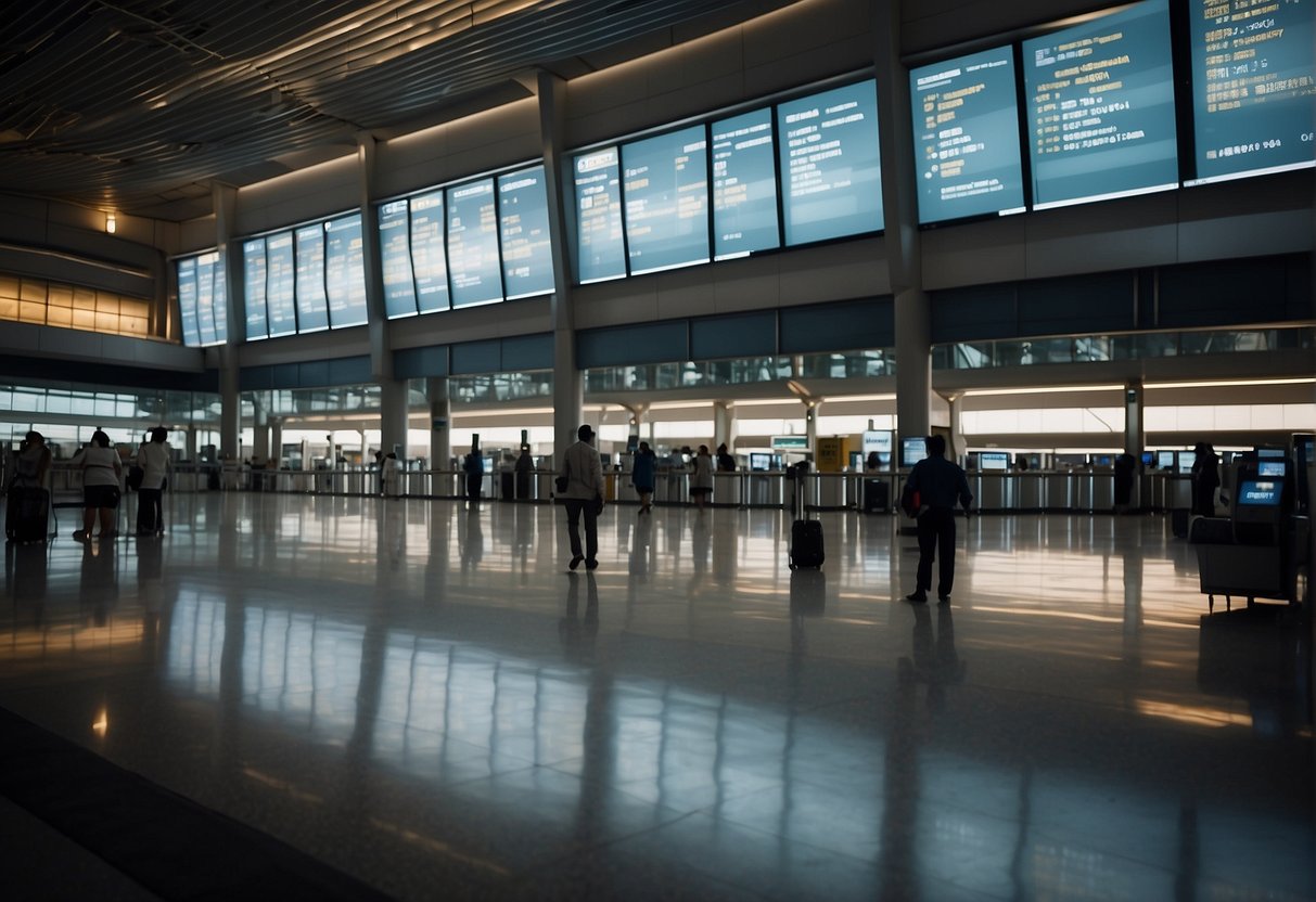 A bustling airport terminal with planes on the tarmac, a digital display showing "Penang Flight Promotions," and a group of travelers checking in at the ticket counters