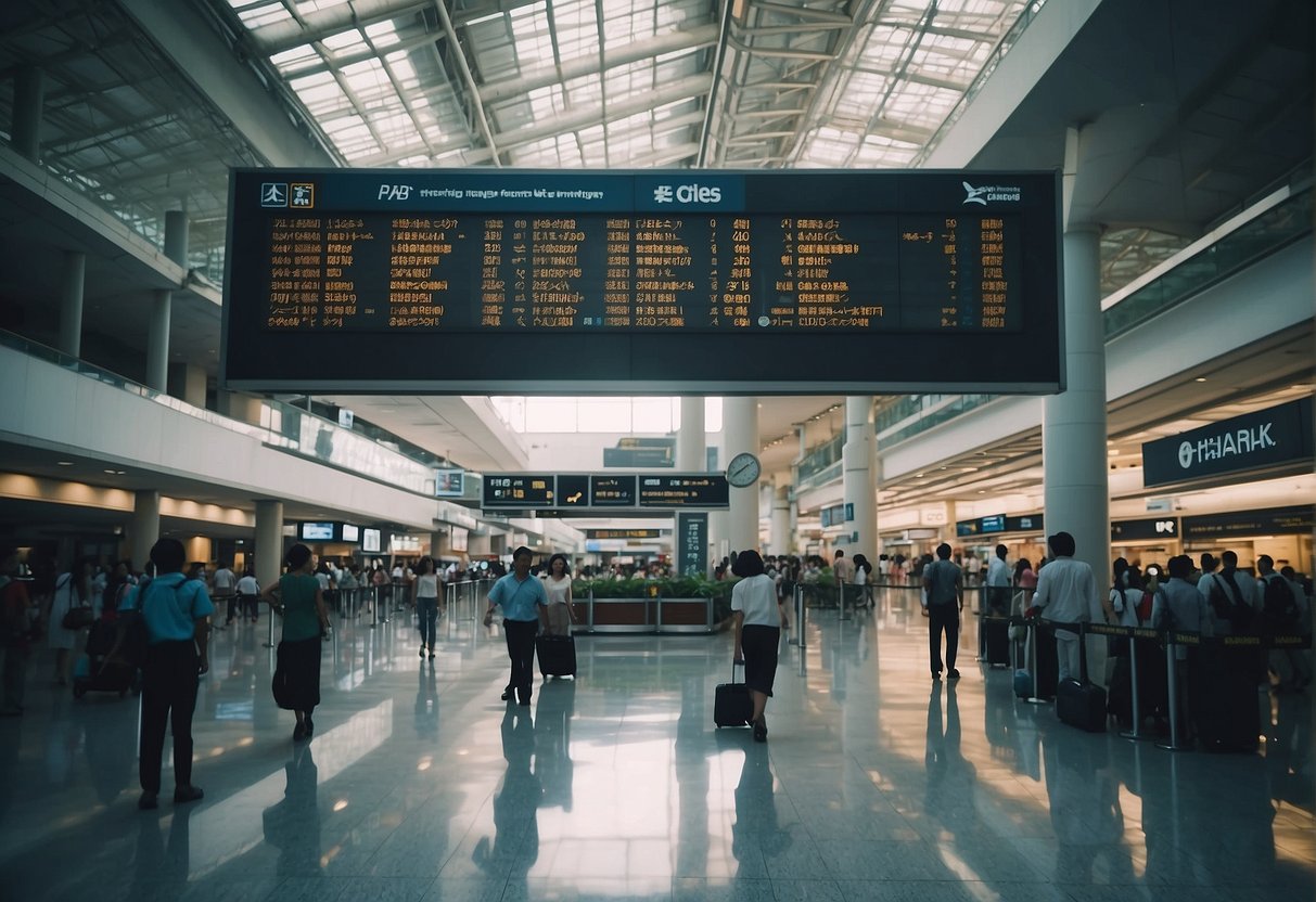 A bustling airport terminal with a prominent sign advertising "Penang Flight Promotions to Singapore" surrounded by travelers and airline staff