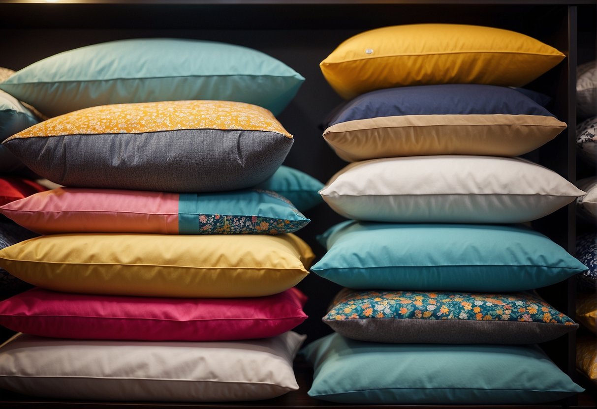 A stack of colorful "Frequently Asked Questions" pillows displayed on a shelf in a Singaporean store