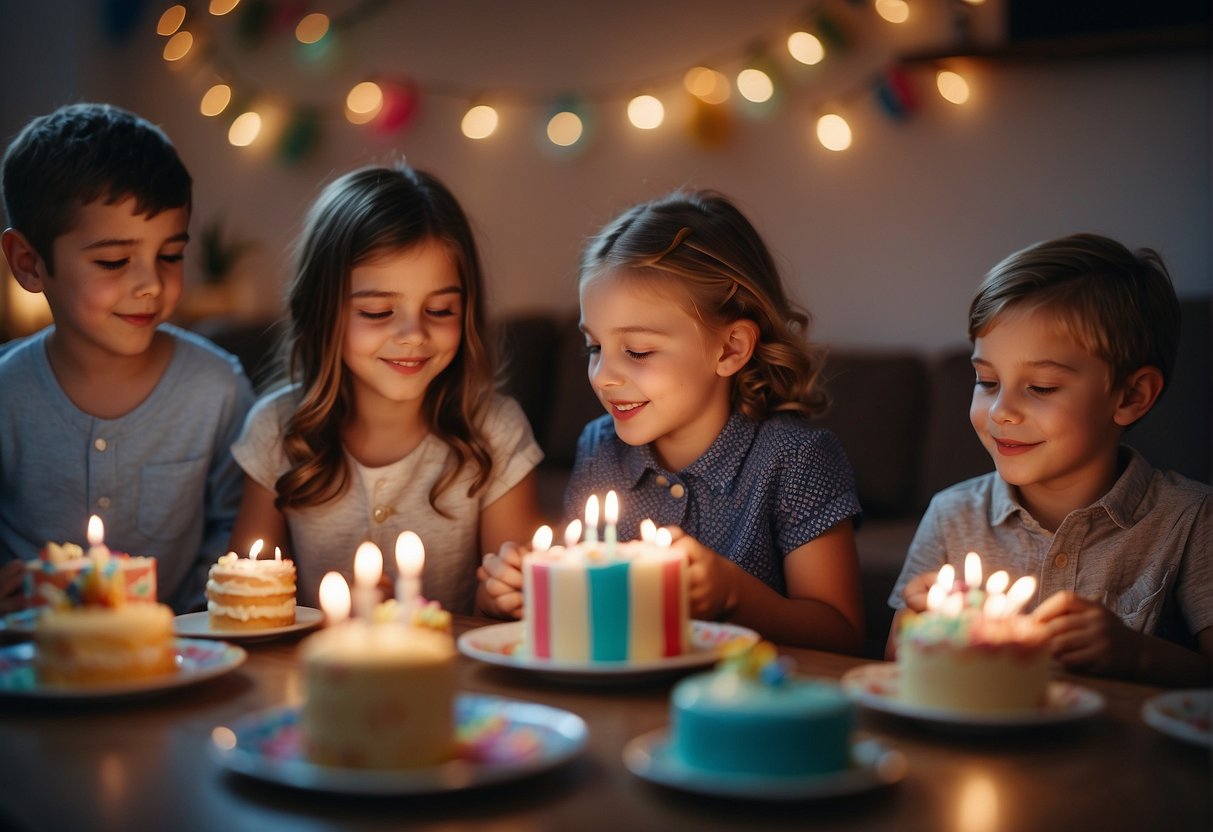 Children playing games, blowing out candles, opening presents, and enjoying cake at a birthday party