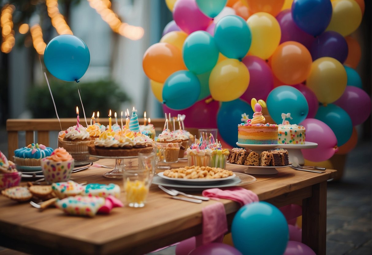 Colorful balloons and streamers decorate a table filled with birthday treats and drinks. Children play games and enjoy the festive atmosphere