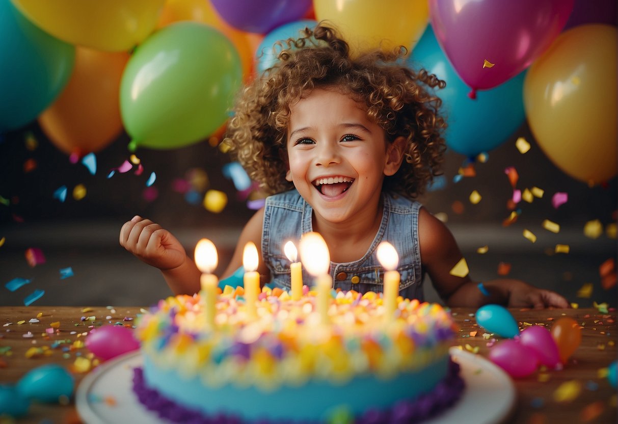 Children laughing, playing games, and blowing out candles on a colorful birthday cake surrounded by balloons and confetti