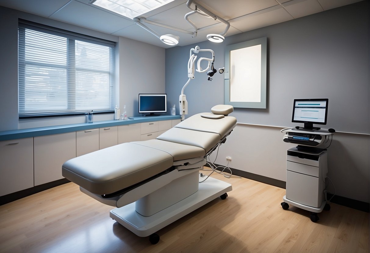 A sleek, modern clinic room with state-of-the-art equipment for weight loss injections. Brightly lit and organized, showcasing advanced technologies