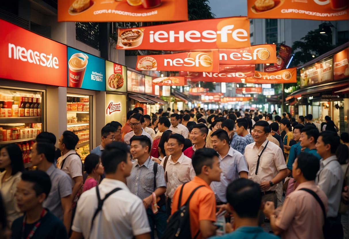 A bustling Singapore street with colorful Nescafe banners and promotional displays, surrounded by enthusiastic customers sampling and purchasing Nescafe products