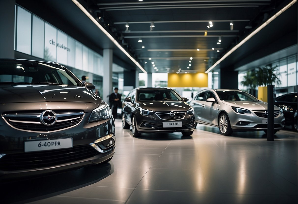 Opel cars displayed in a sleek showroom with bright lights and promotional banners in Singapore