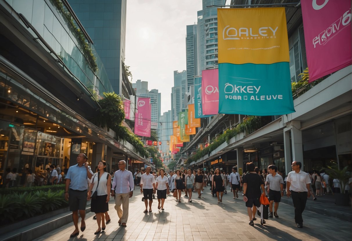 A bustling street in Singapore with colorful Oakley promotional banners hanging from the buildings. Pedestrians walk by, admiring the vibrant displays