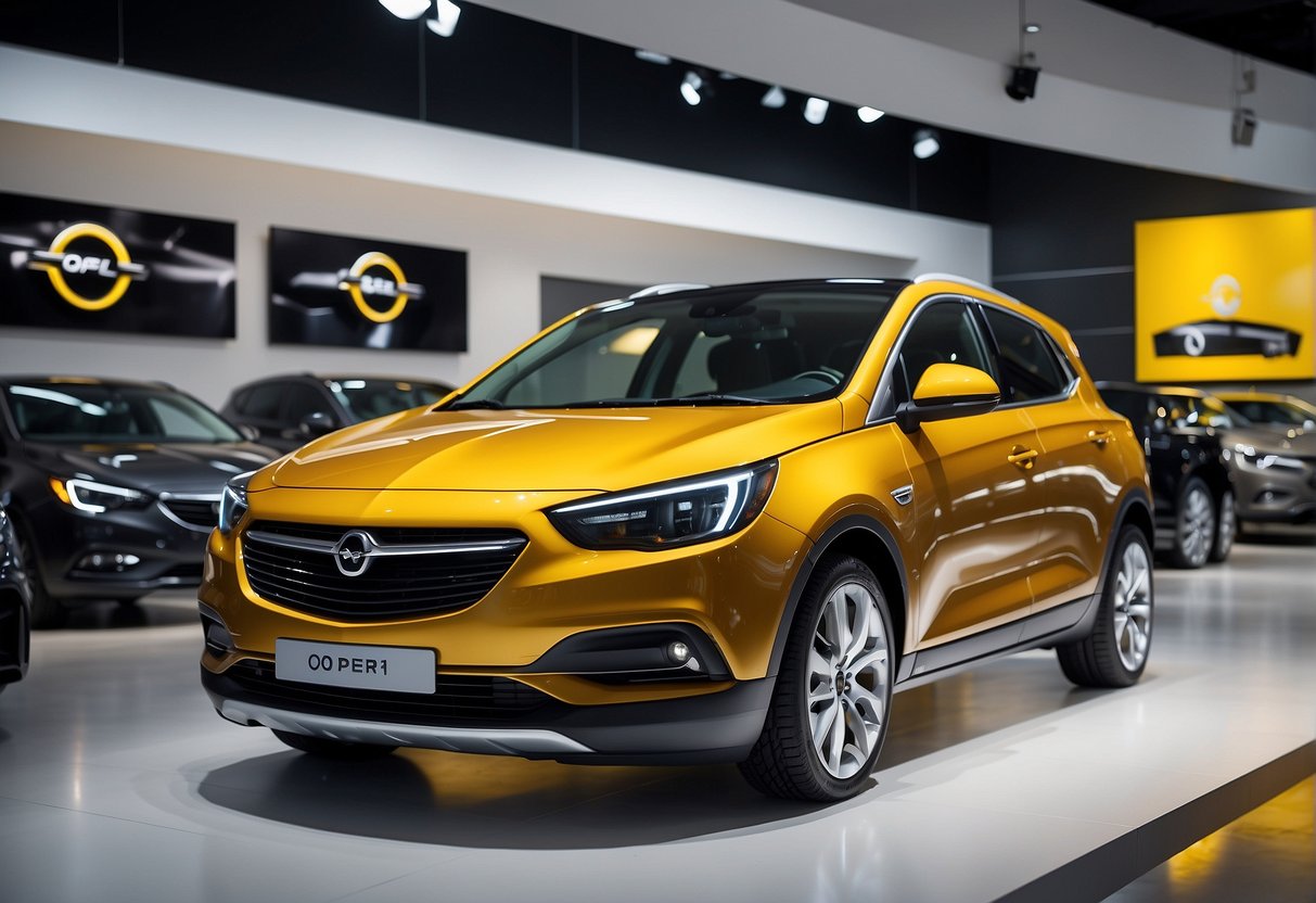 The sleek, modern Opel car sits in a showroom, surrounded by promotional banners and signs highlighting its latest upgrades and enhancements
