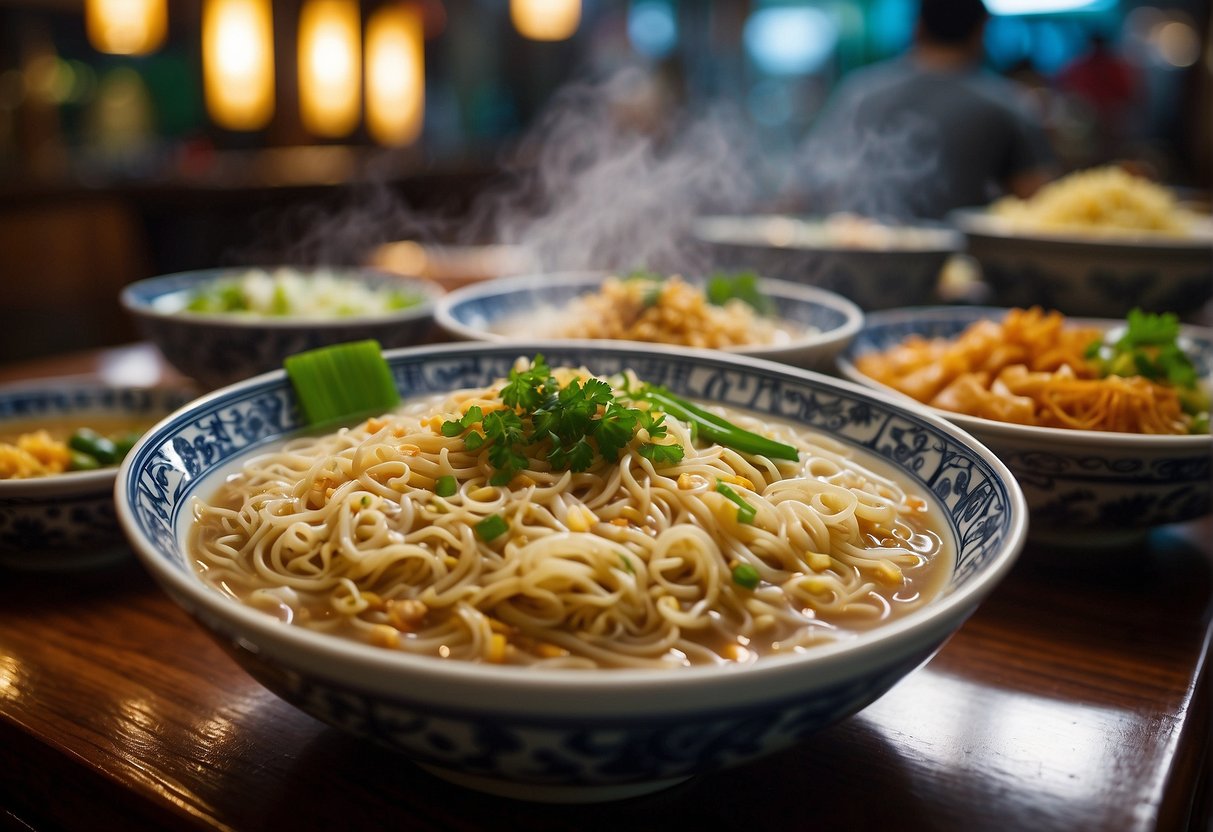 A table set with steaming bowls of Nipong Naepong noodles, surrounded by vibrant promotional signage in a bustling Singapore restaurant