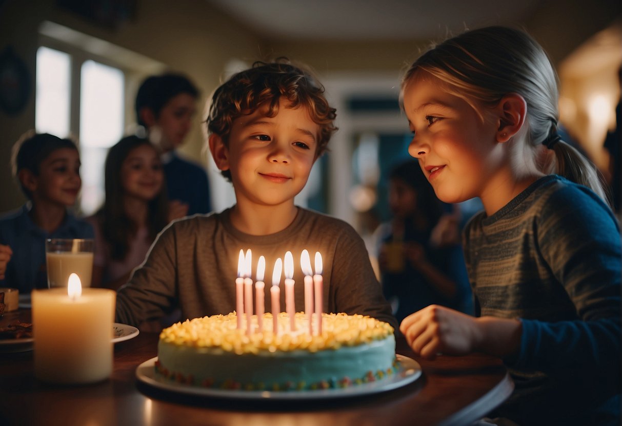 Children playing games, blowing out candles, opening presents, and eating cake at an 11th birthday party