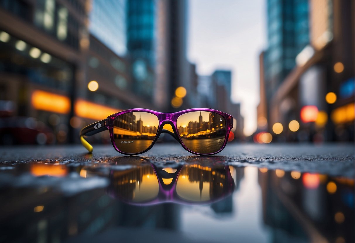 A vibrant cityscape with iconic Oakley products showcased in a modern, sleek setting. The scene exudes energy and style, capturing the essence of the latest Oakley promotions
