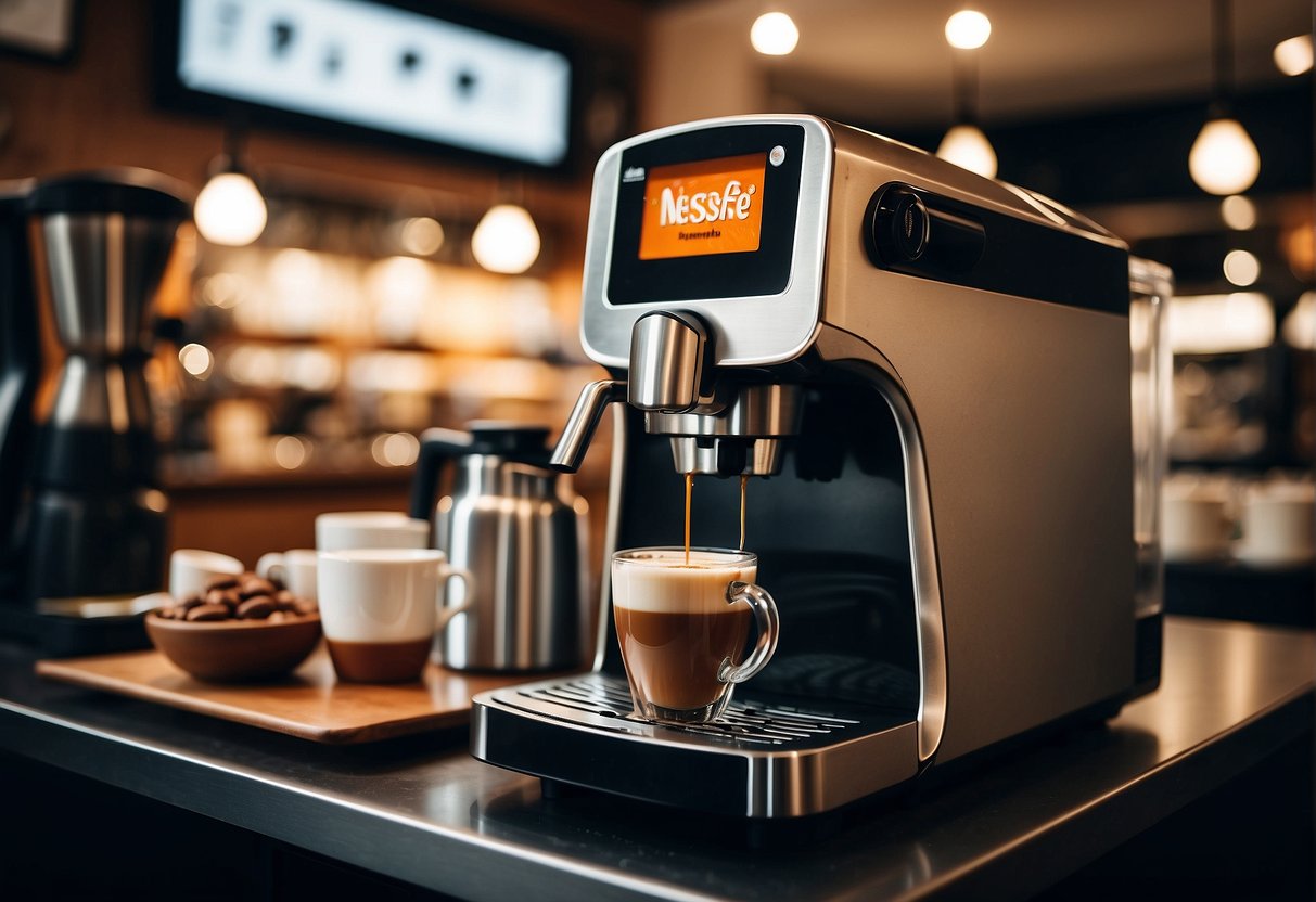 A sleek Nescafe coffee machine surrounded by promotional signage in a bustling Singapore cafe