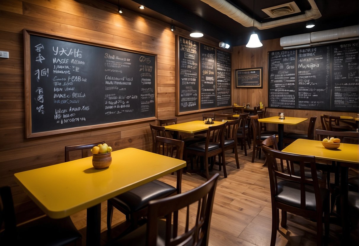 A colorful restaurant interior with Nipong Naepong lunch promotions displayed on chalkboard menus and vibrant posters. Tables set with cutlery and napkins, with a bustling atmosphere of diners enjoying their meals