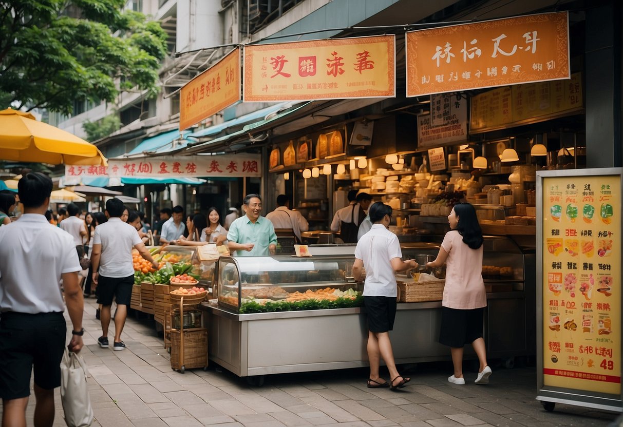 Colorful banners and signs adorn bustling streets, showcasing enticing lunch promotions at popular food destinations in Singapore