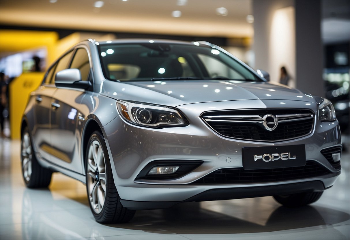 Opel car models and parts displayed with promotional signage in a busy Singapore showroom