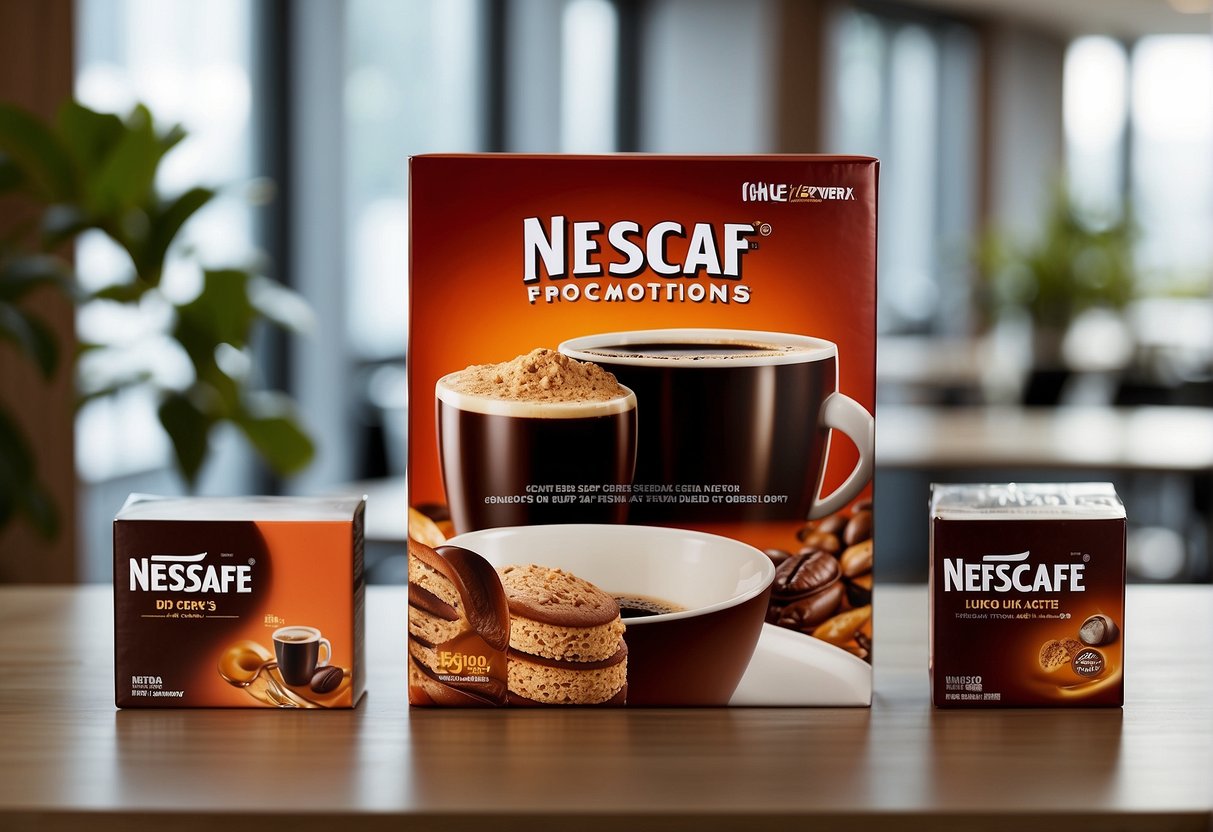 A table displays Nescafe promotions in a bright office setting, with signage and product samples