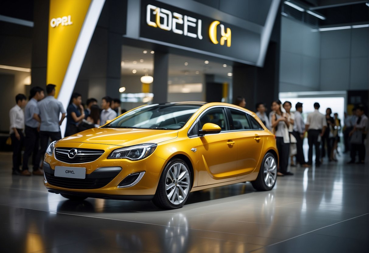 A group of people inquiring about Opel promotions in Singapore, with a banner and promotional materials displayed