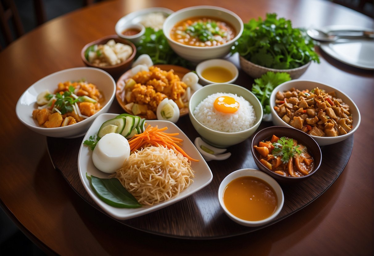 A colorful display of Nipong Naepong lunch promotions in Singapore, with various dishes and promotional materials arranged neatly on a table