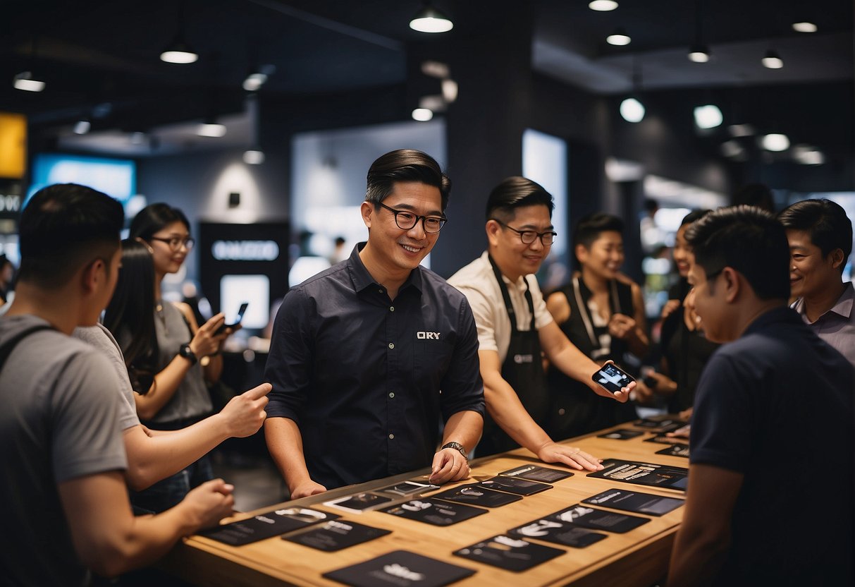 A bustling promotional event at Oakley's Singapore store, with customers engaging in Q&A sessions and staff handing out promotional materials