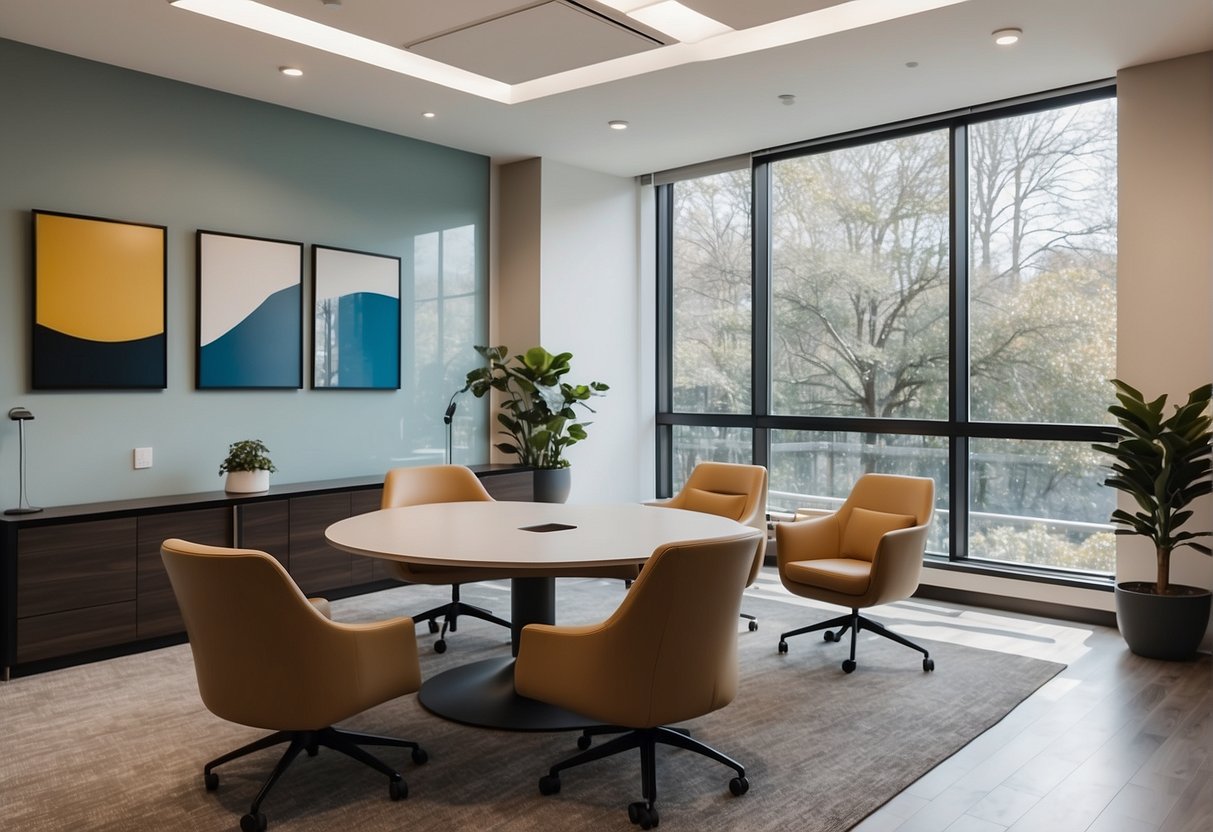 A bright, modern consultation room with a sleek desk and comfortable chairs. A large window lets in natural light, and informational brochures are neatly displayed