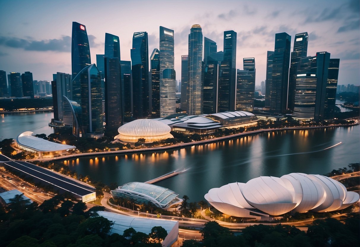 A vibrant cityscape with iconic Singapore landmarks, surrounded by financial institutions and real estate agencies advertising home loan promotions