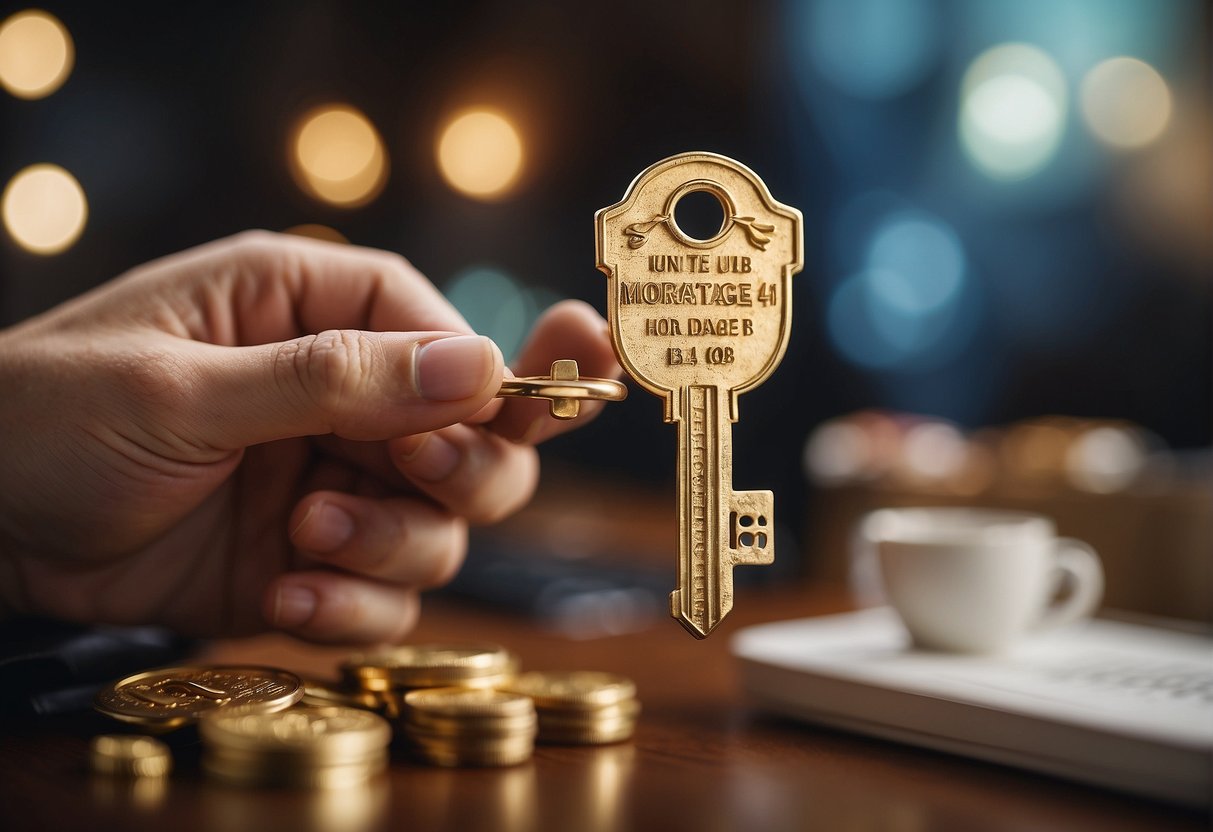 A hand reaching for a golden key with a mortgage loan sign in the background, surrounded by symbols of success and financial stability