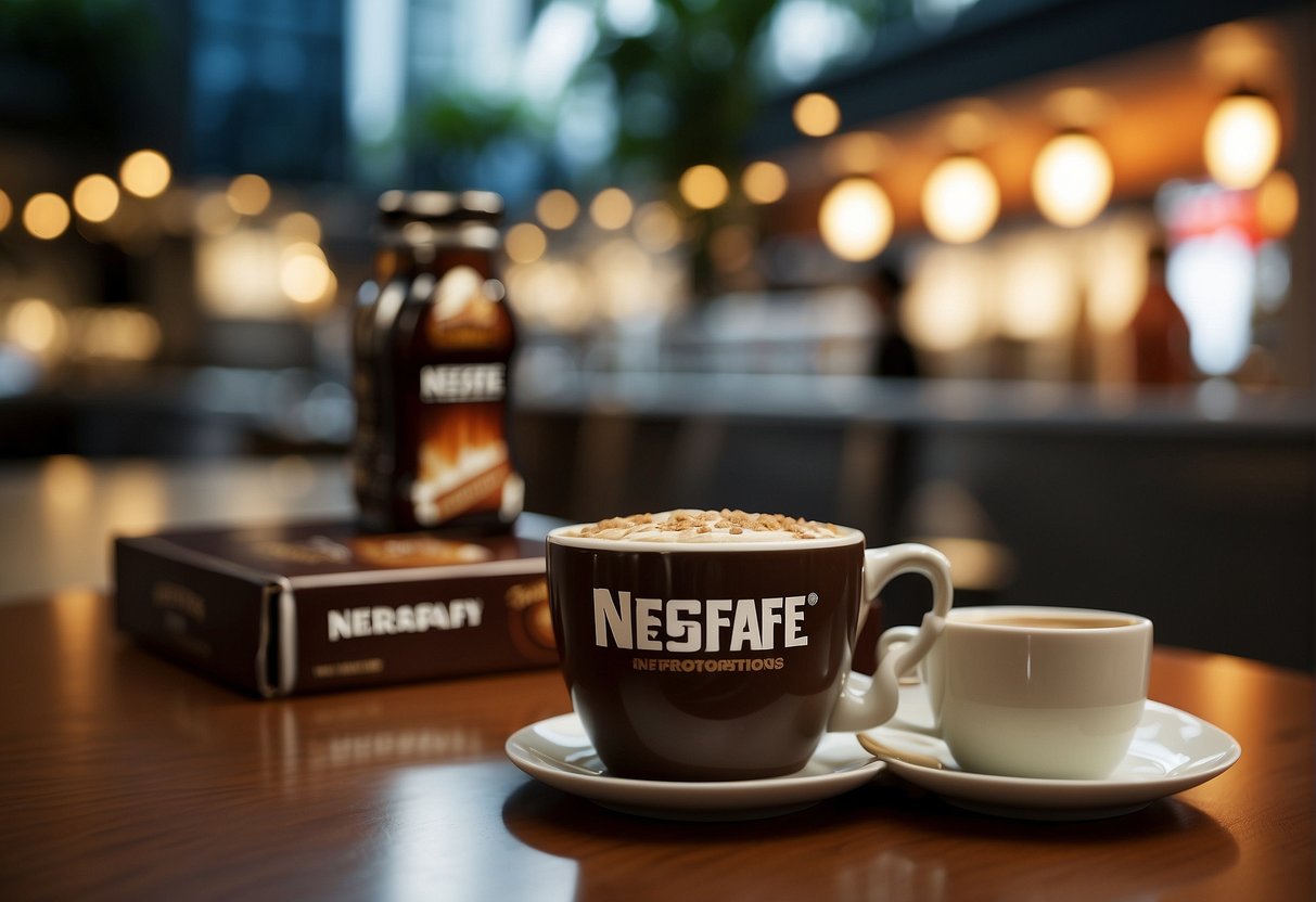 A table with Nescafe products, promotional materials, and a sign indicating "Frequently Asked Questions" in a bustling Singapore setting