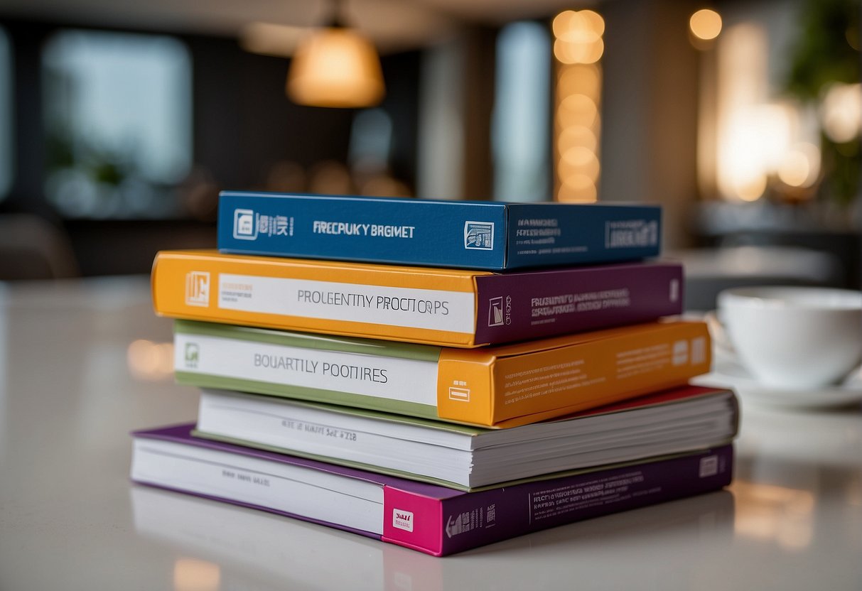 A stack of colorful brochures with "Frequently Asked Questions mortgage loan promotions Singapore" printed on them, surrounded by a laptop and a cup of coffee