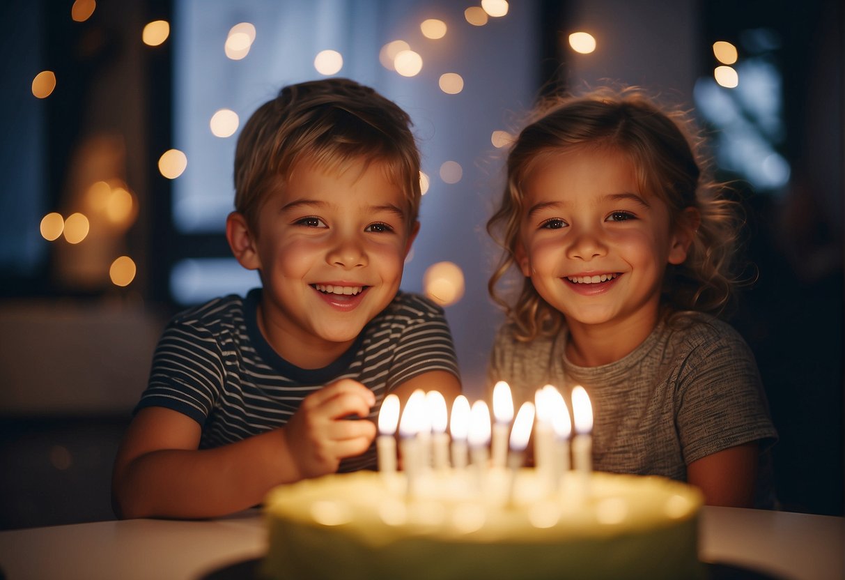 Children playing games, blowing out candles, opening presents, and laughing together at a birthday party