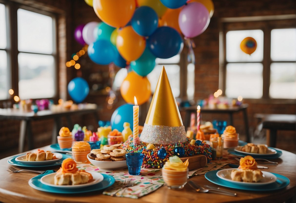 A table adorned with colorful decorations, party hats, and a variety of games and activities spread out for a 12th birthday celebration