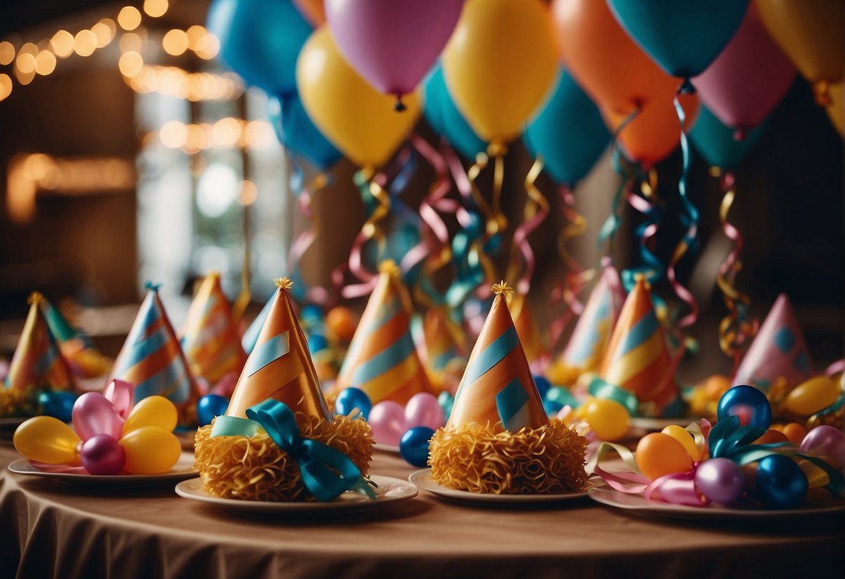 Colorful streamers, balloons, and banners adorn the room. Tables are set with party hats and favors. Soft music plays in the background, creating a festive atmosphere for the 12th birthday celebration