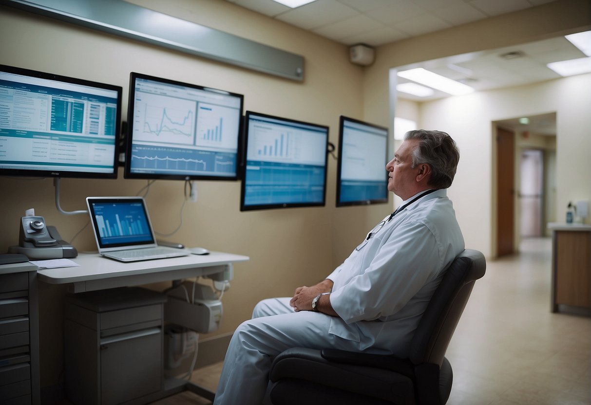 A patient sits in a bright, modern clinic as a weight loss specialist conducts an initial consultation. Charts and medical equipment line the walls, conveying a sense of professionalism and expertise