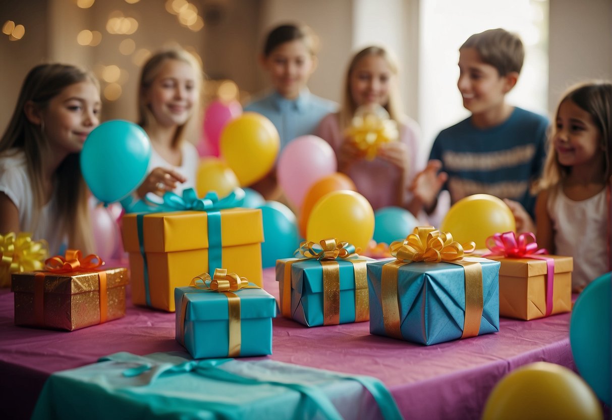 Colorful party favors and gifts arranged on a table, surrounded by excited children at a 12th birthday celebration