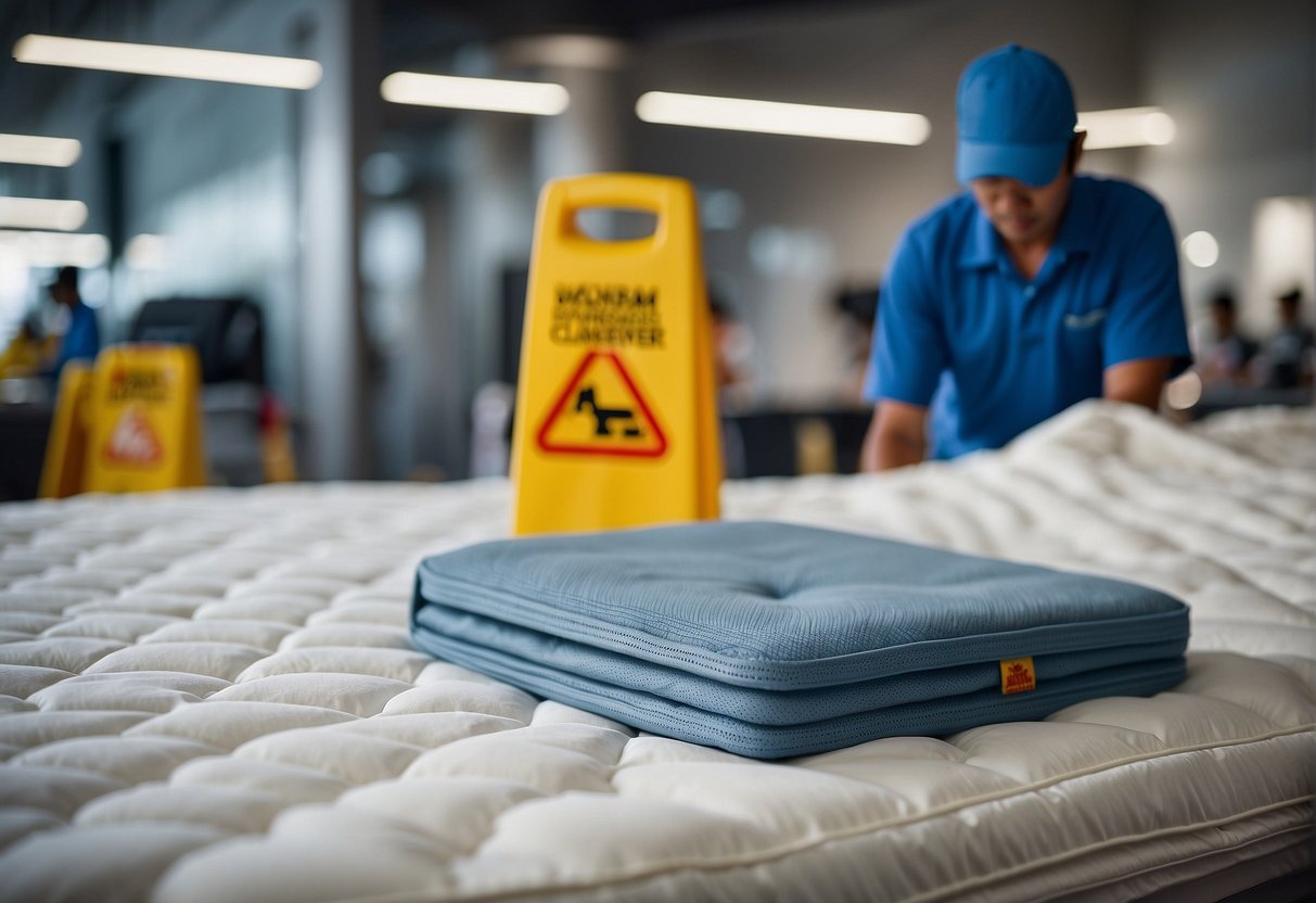 A mattress being deep cleaned in Singapore, with promotional signage displayed nearby
