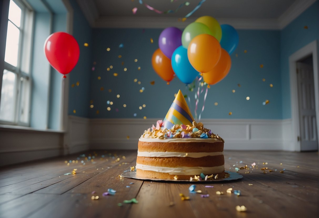 Empty party room with scattered wrapping paper, deflated balloons, and leftover cake crumbs. A single birthday hat sits abandoned on the floor