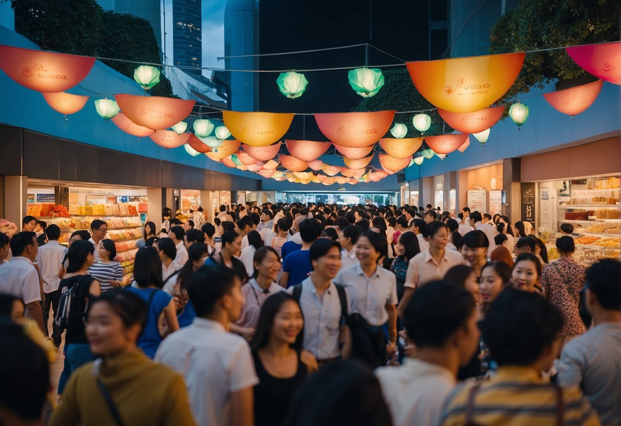 A vibrant display of Love, Bonito promotions in Singapore, featuring colorful banners, enticing product showcases, and a bustling crowd of shoppers