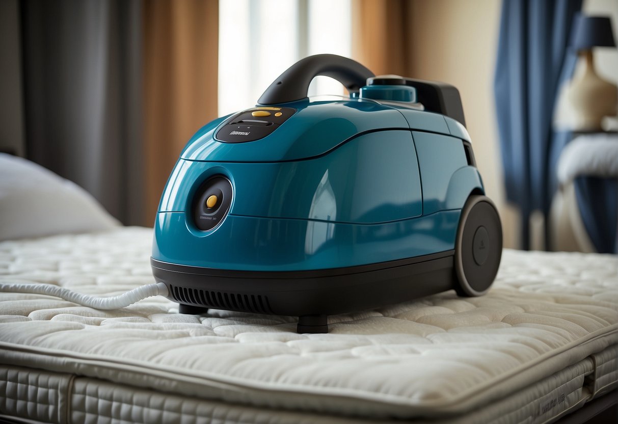 A professional mattress cleaning machine sprays and vacuums the surface, removing dirt and allergens