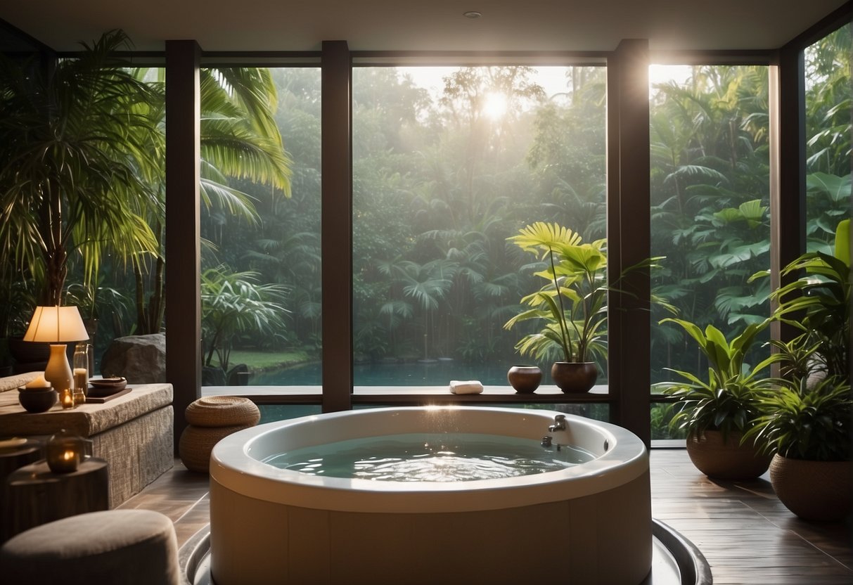 A serene spa room with soft lighting, plush robes, and a bubbling jacuzzi set against a backdrop of lush greenery and tranquil water features