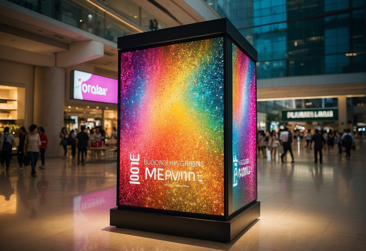 A colorful display of Love, Bonito promotions in a bustling Singapore shopping mall. Bright banners and enticing offers draw in shoppers