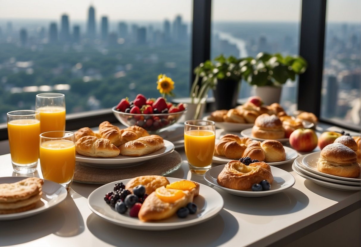 A table set with a variety of breakfast dishes, including pastries, fruits, and hot dishes, with elegant tableware and a view of the city skyline