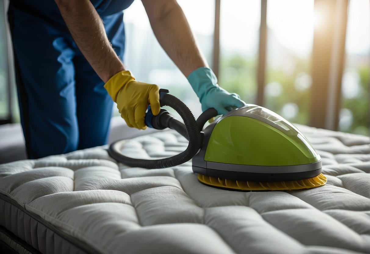 A technician sprays and vacuums a mattress, using specialized equipment to deep clean and sanitize it for a promotion in Singapore