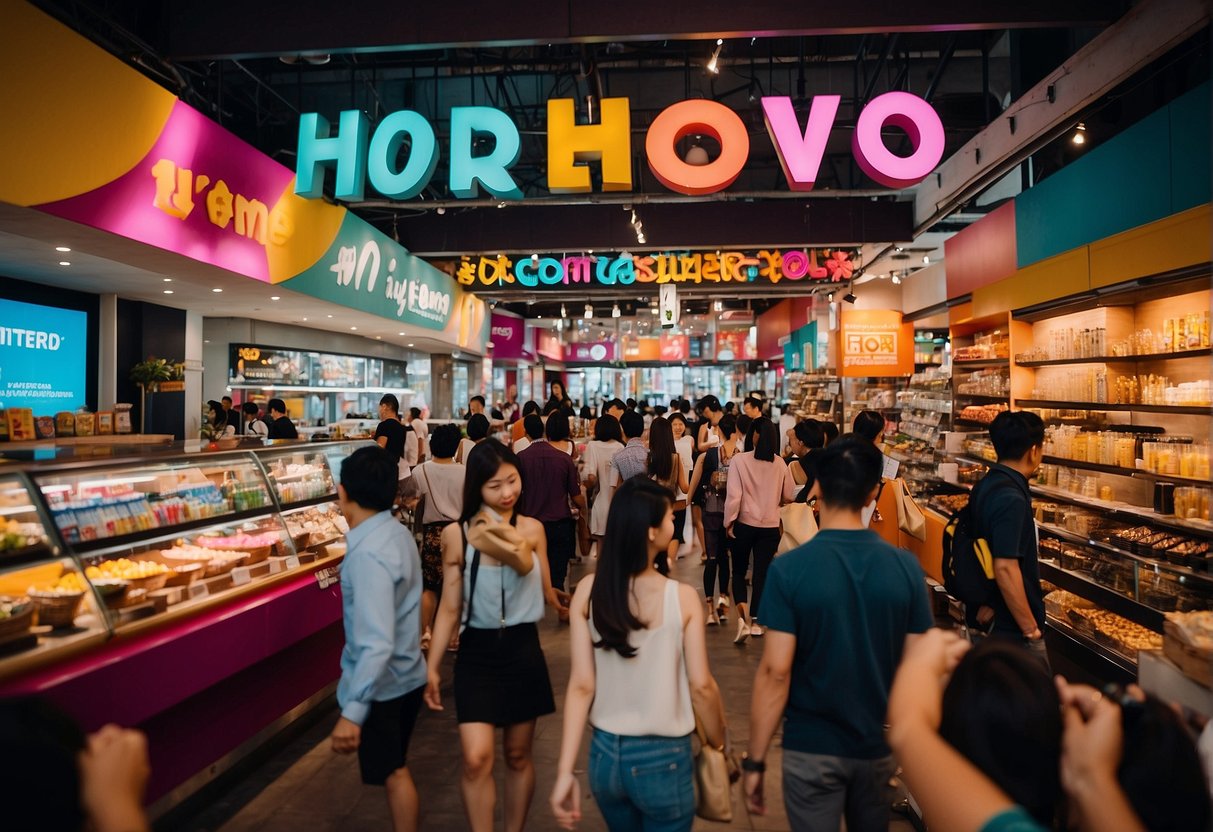A vibrant display of Love, Bonito promotions in Singapore, with colorful signage and excited shoppers browsing the latest deals