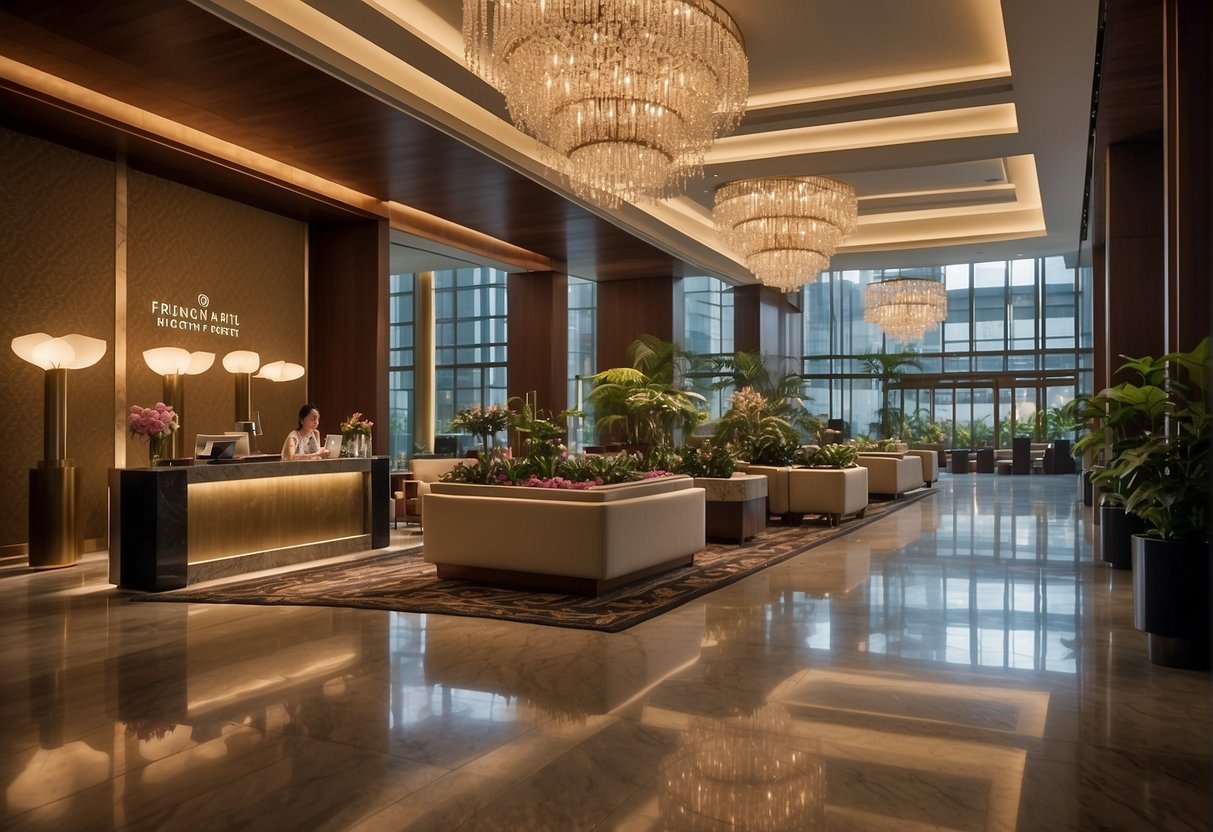 A bustling hotel lobby with a prominent "Frequently Asked Questions" sign and promotional materials for Mandarin Oriental in Singapore