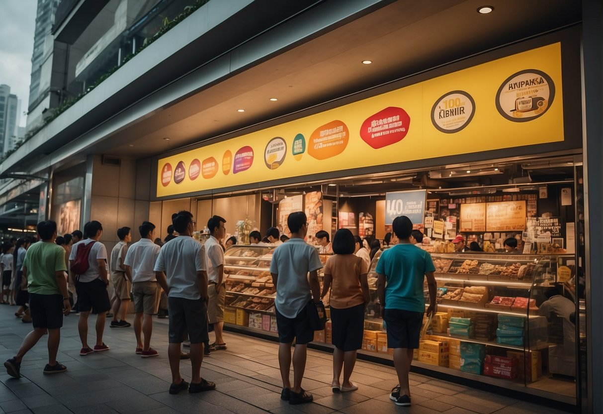 Brightly lit storefront with large, colorful banners advertising limited time promotions in Singapore. A crowd of people eagerly browsing and taking advantage of the deals