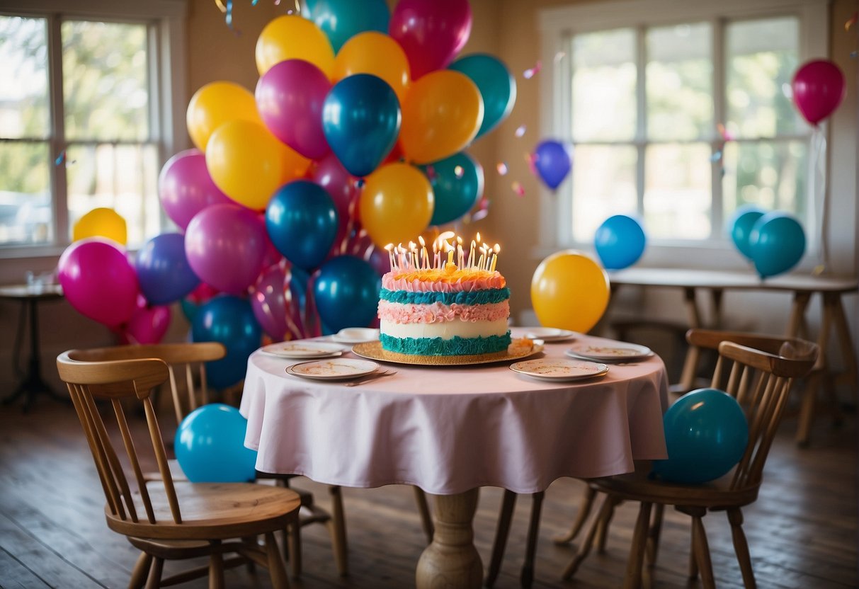 A festive dining table with a colorful birthday cake as the centerpiece. Streamers and balloons decorate the room, creating a joyful atmosphere for a 13th birthday celebration