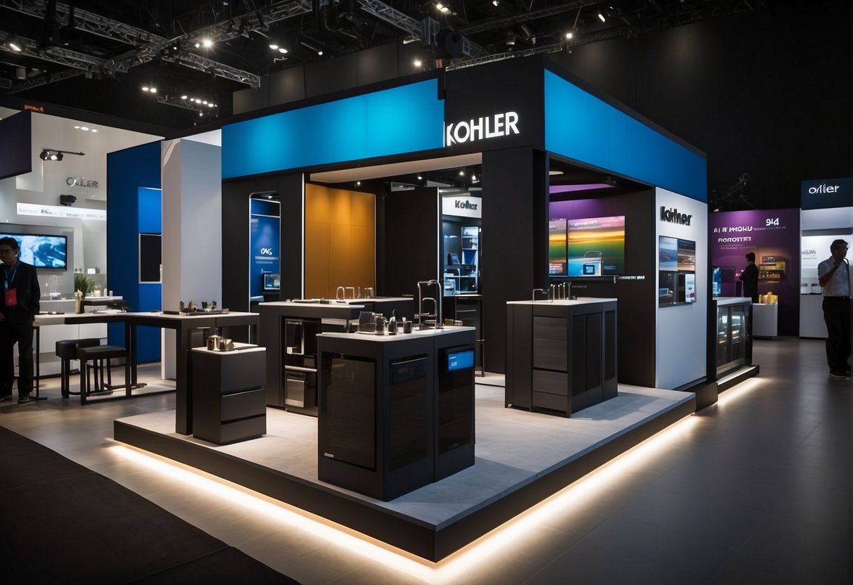 A vibrant display of Kohler products at a bustling trade show in Singapore. Bright lights illuminate the sleek and modern designs, drawing in potential customers