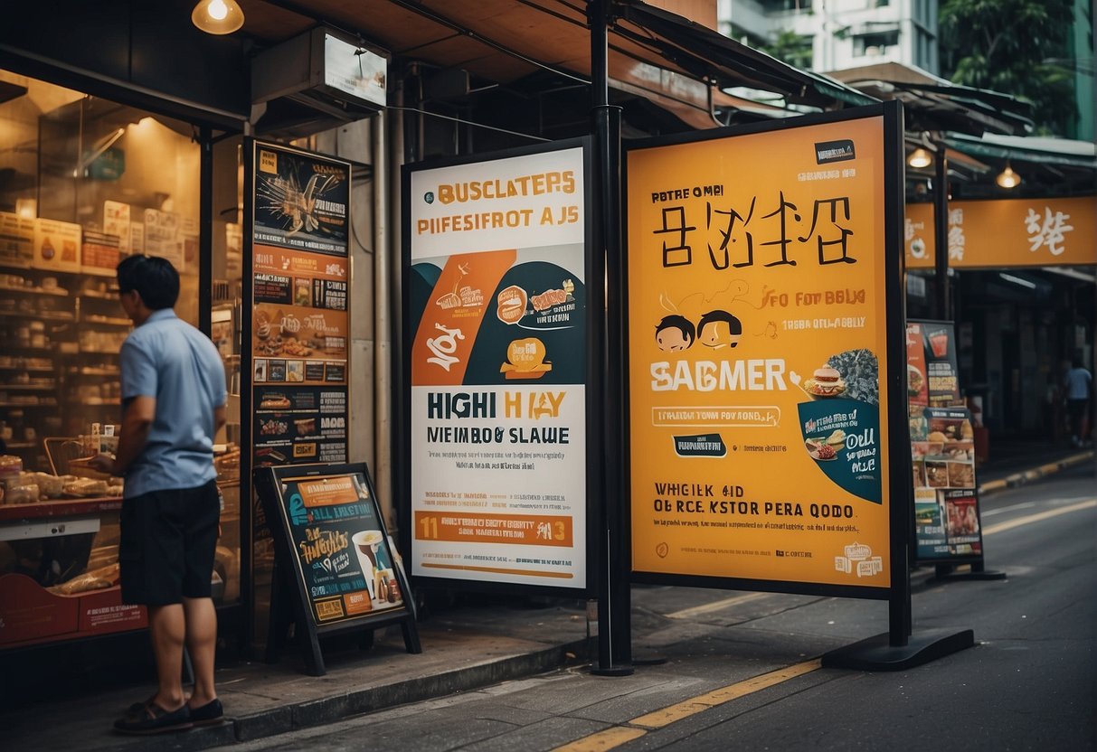 Vibrant banners and signs adorn the bustling streets of Singapore, showcasing the latest limited-time promotions with bold typography and eye-catching graphics