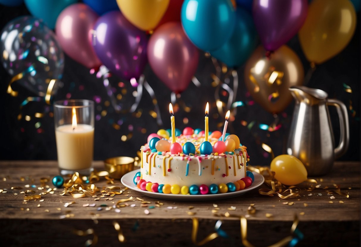 A table adorned with colorful balloons and a cake, surrounded by presents and party favors. Streamers and confetti add to the festive atmosphere