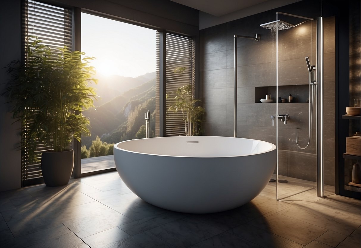 A modern bathroom with sleek, high-tech fixtures and smart features, such as a digital shower system and voice-activated lighting